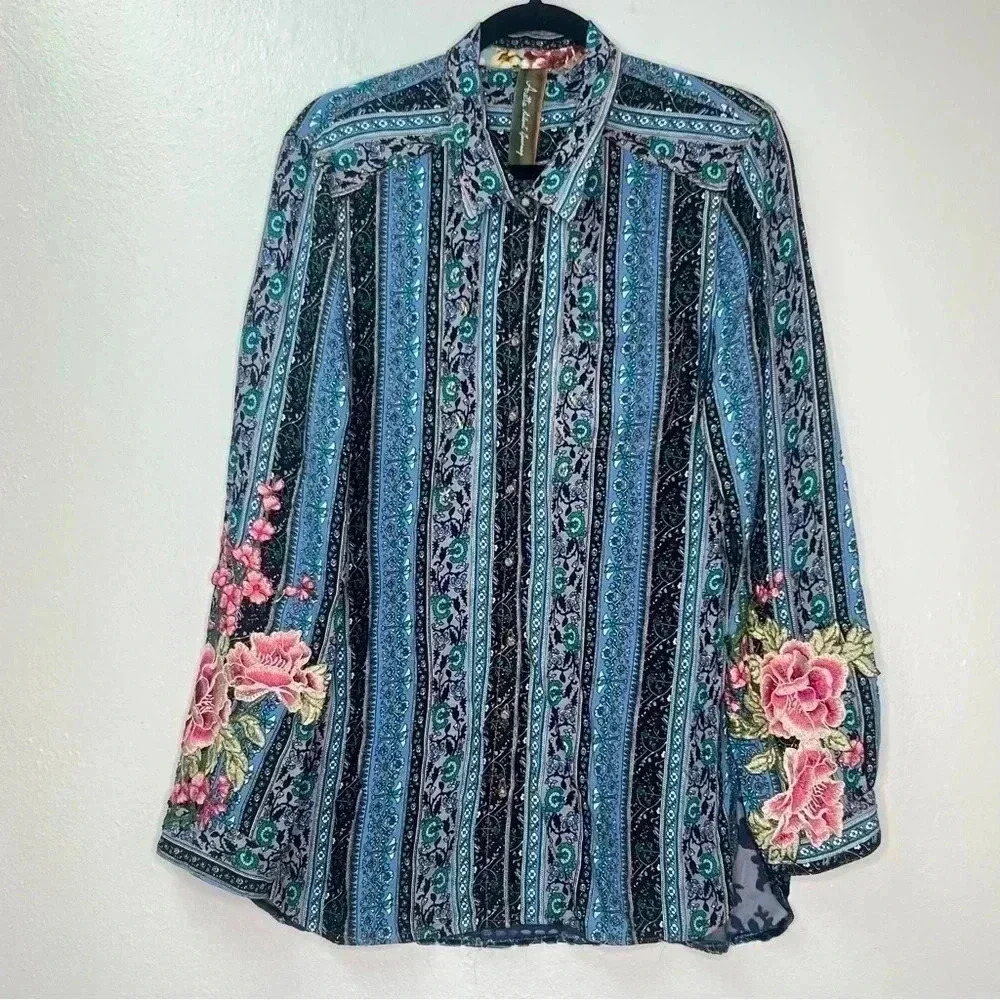 SALE! Aratta Silent Journey Floral Embroidered Sheer Back W/Velvet Tunic Top M